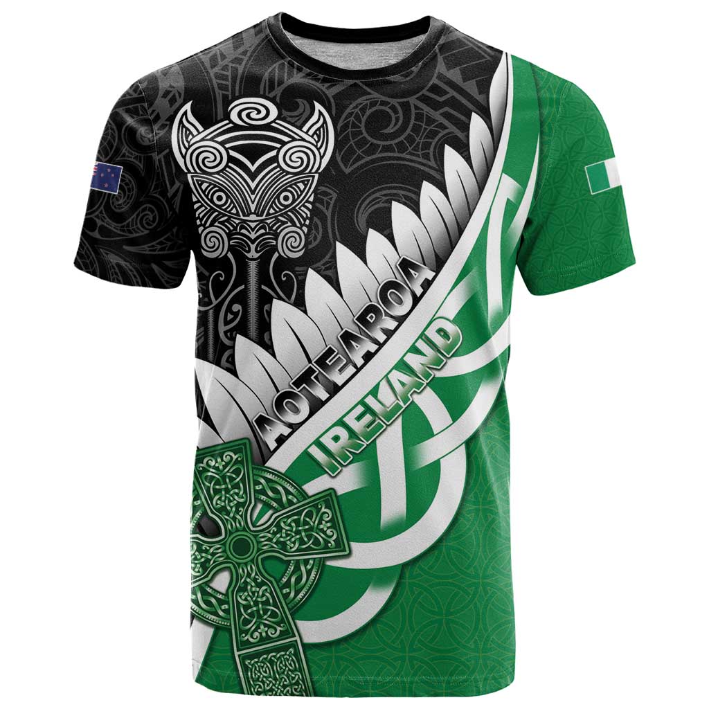 New Zealand And Ireland Rugby Custom T Shirt Silver Fern With Celtic Cross