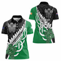 New Zealand And Ireland Rugby Custom Women Polo Shirt Silver Fern With Celtic Cross