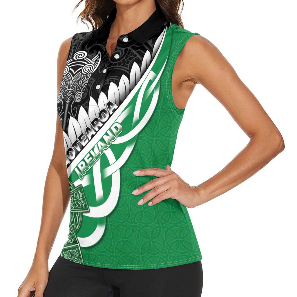 New Zealand And Ireland Rugby Custom Women Sleeveless Polo Shirt Silver Fern With Celtic Cross