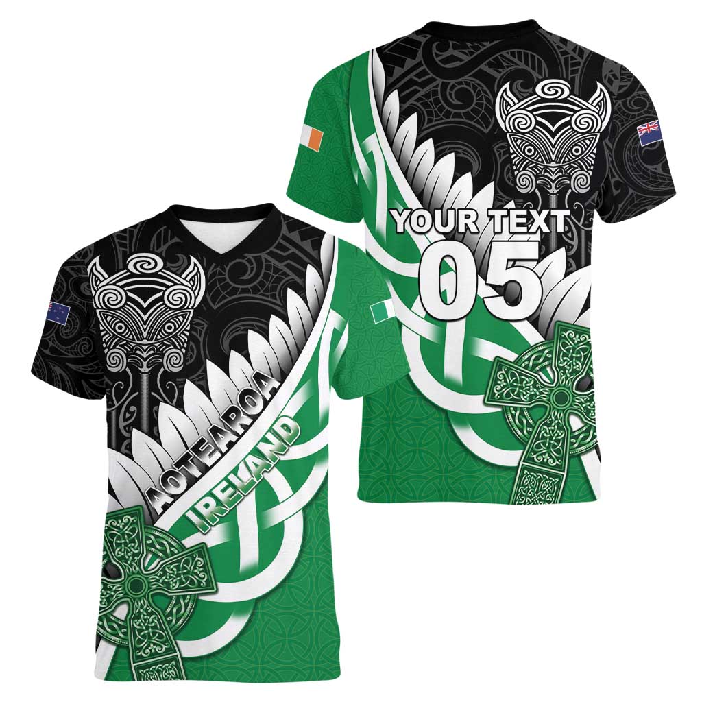 New Zealand And Ireland Rugby Custom Women V-Neck T-Shirt Silver Fern With Celtic Cross