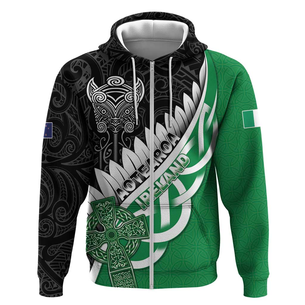 New Zealand And Ireland Rugby Custom Zip Hoodie Silver Fern With Celtic Cross