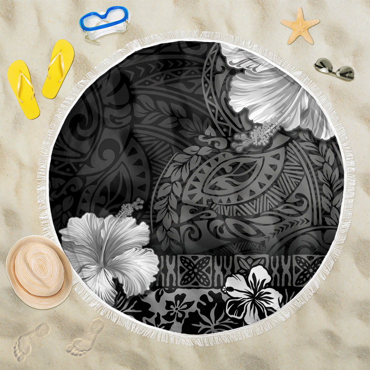Hawaii Hibiscus With Black Polynesian Pattern Beach Blanket LT05 One Size 150cm Black - Polynesian Pride