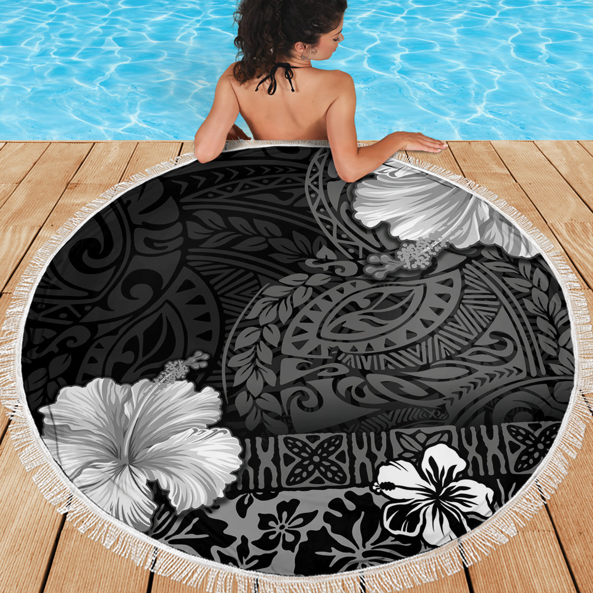 Hawaii Hibiscus With Black Polynesian Pattern Beach Blanket