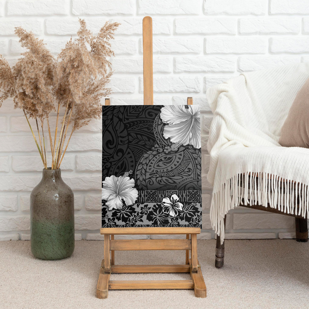 Hawaii Hibiscus With Black Polynesian Pattern Canvas Wall Art