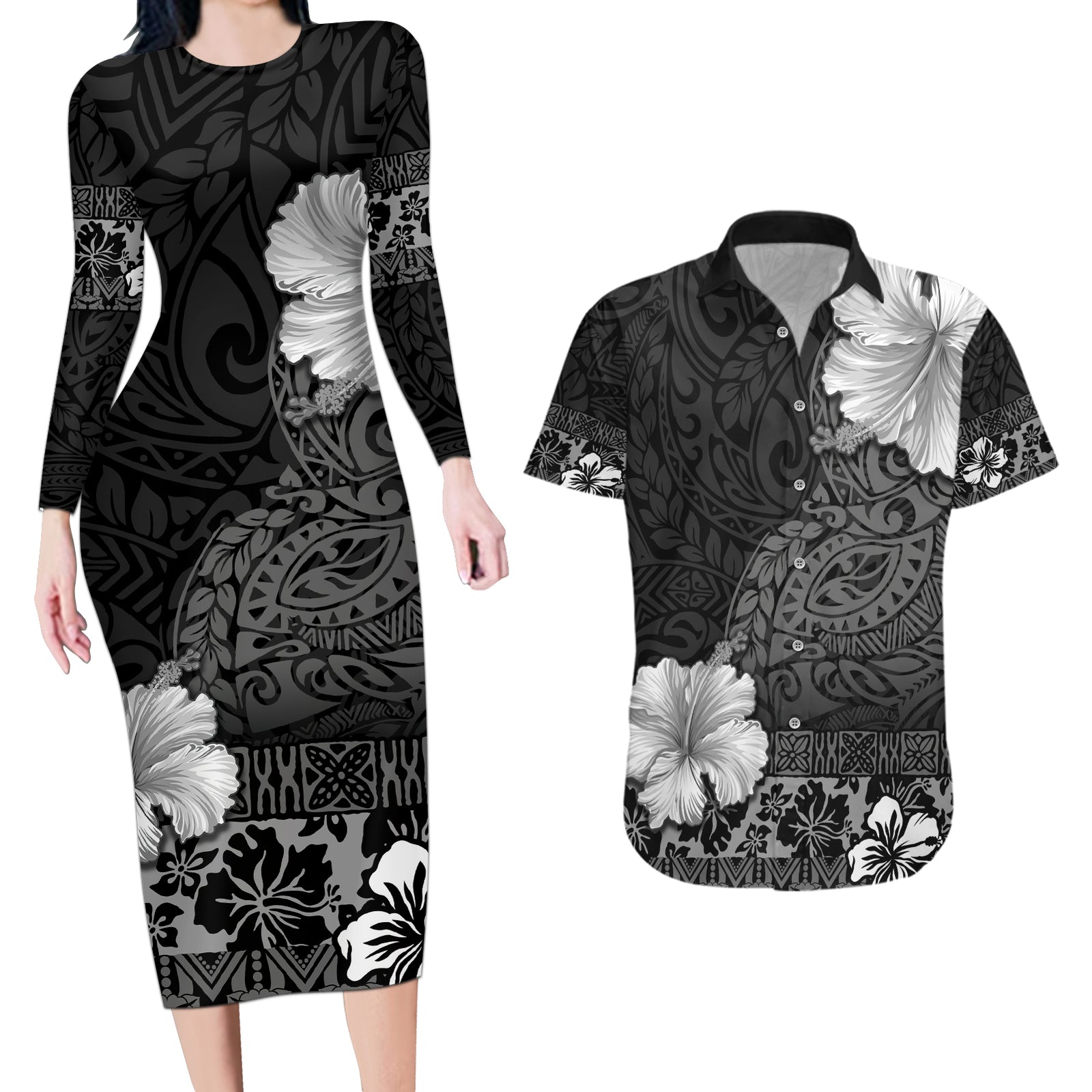 Hawaii Hibiscus With Black Polynesian Pattern Couples Matching Long Sleeve Bodycon Dress and Hawaiian Shirt LT05 Black - Polynesian Pride