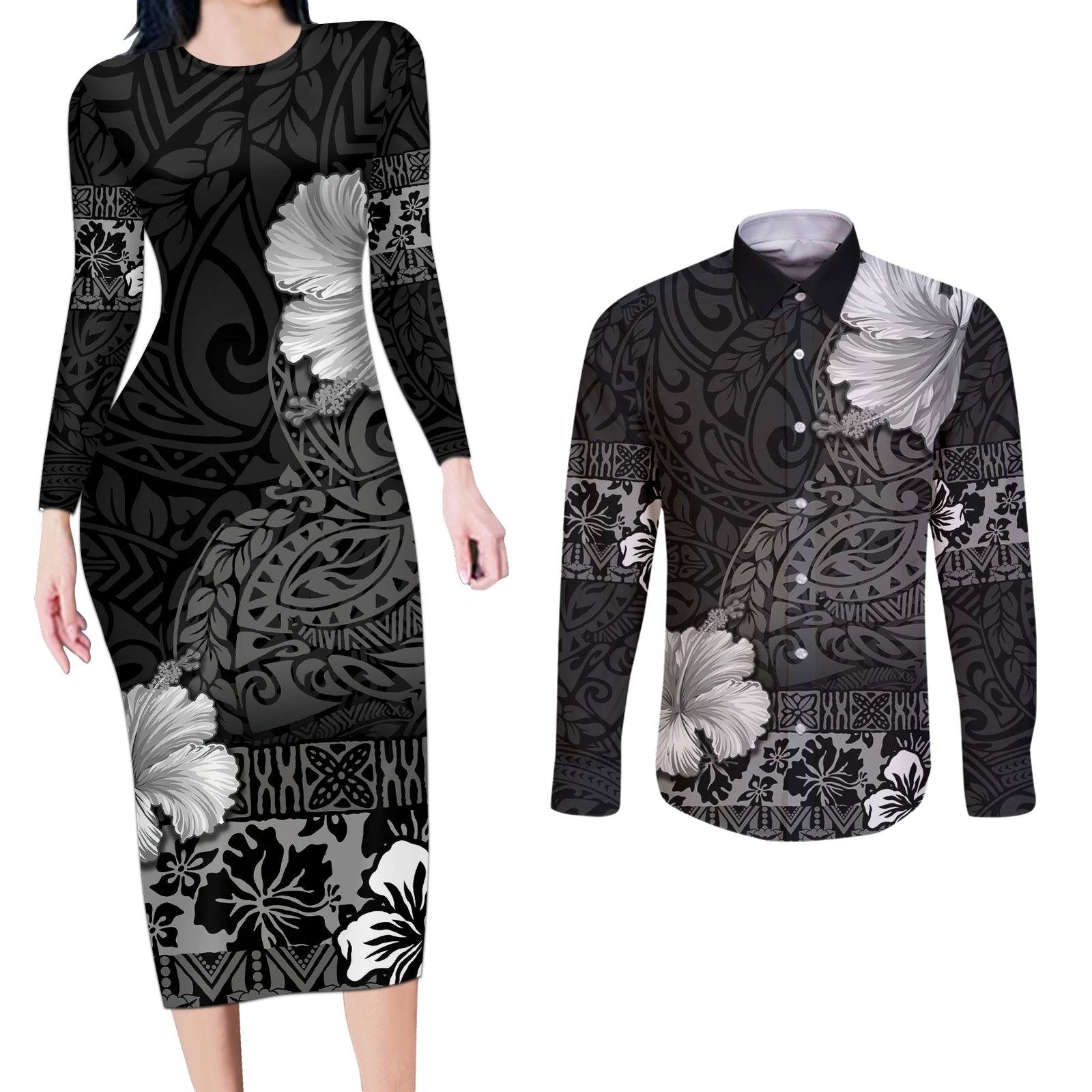 Hawaii Hibiscus With Black Polynesian Pattern Couples Matching Long Sleeve Bodycon Dress and Long Sleeve Button Shirt LT05 Black - Polynesian Pride