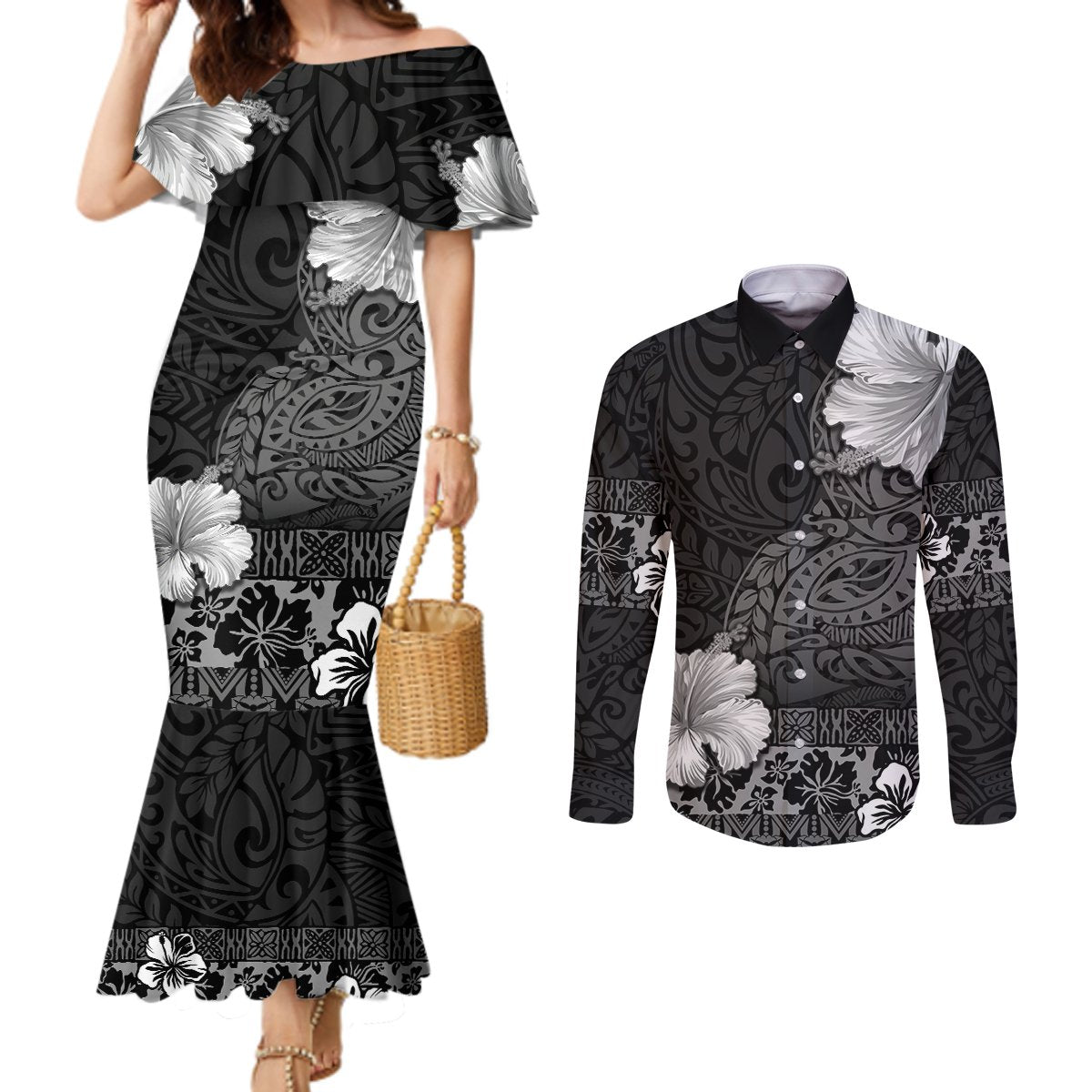 Hawaii Hibiscus With Black Polynesian Pattern Couples Matching Mermaid Dress and Long Sleeve Button Shirt