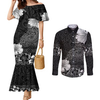 Hawaii Hibiscus With Black Polynesian Pattern Couples Matching Mermaid Dress and Long Sleeve Button Shirt