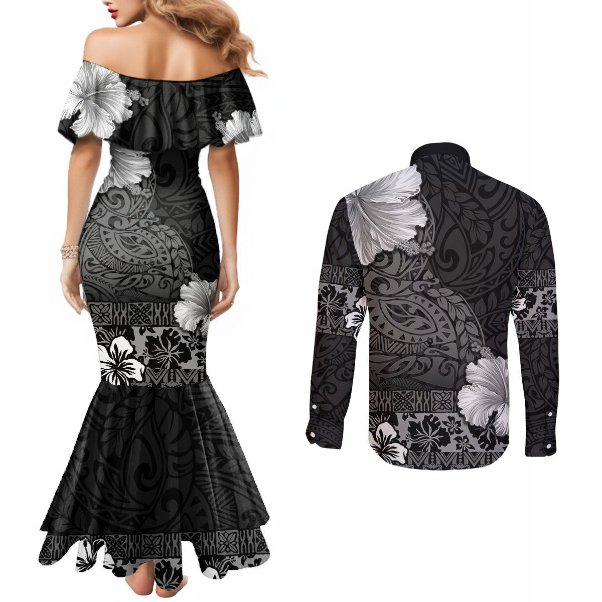 Hawaii Hibiscus With Black Polynesian Pattern Couples Matching Mermaid Dress and Long Sleeve Button Shirt