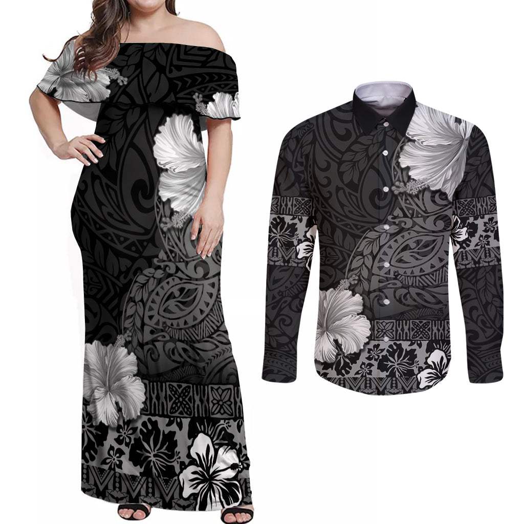 Hawaii Hibiscus With Black Polynesian Pattern Couples Matching Off Shoulder Maxi Dress and Long Sleeve Button Shirt LT05 Black - Polynesian Pride