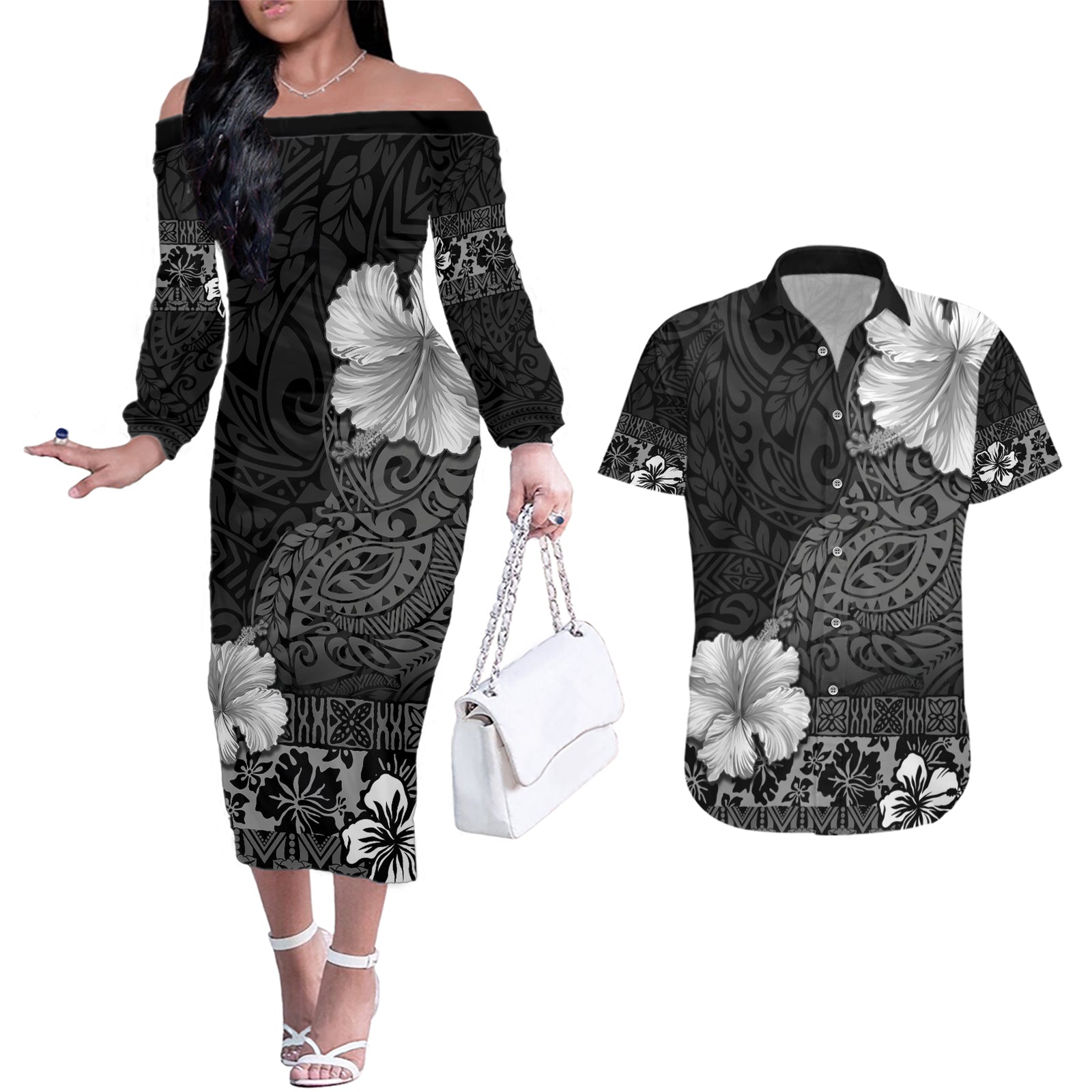 Hawaii Hibiscus With Black Polynesian Pattern Couples Matching Off The Shoulder Long Sleeve Dress and Hawaiian Shirt LT05 Black - Polynesian Pride