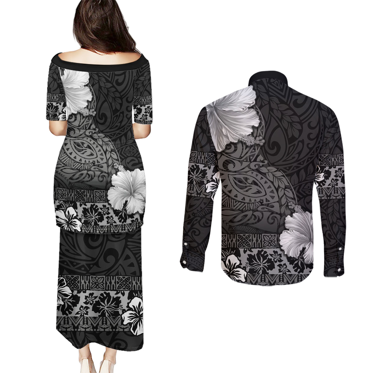 Hawaii Hibiscus With Black Polynesian Pattern Couples Matching Puletasi and Long Sleeve Button Shirt
