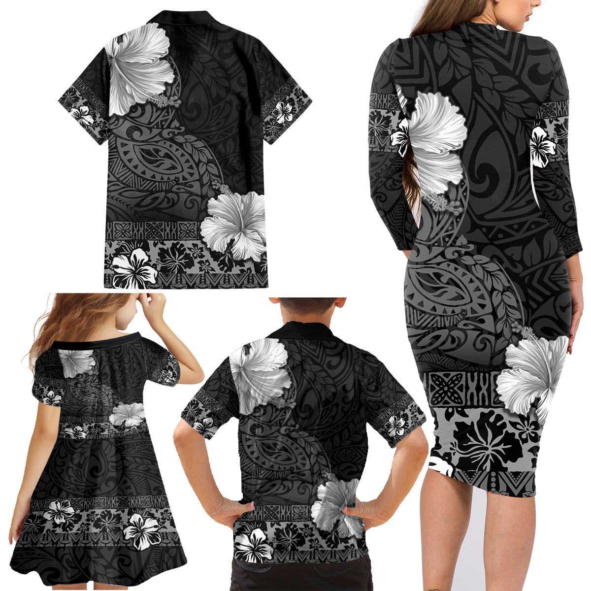 Hawaii Hibiscus With Black Polynesian Pattern Family Matching Long Sleeve Bodycon Dress and Hawaiian Shirt