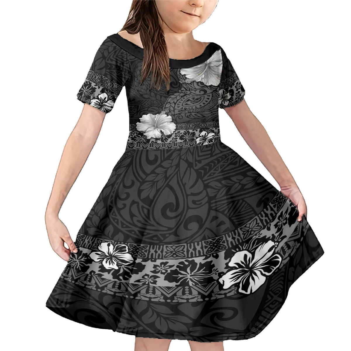 Hawaii Hibiscus With Black Polynesian Pattern Family Matching Mermaid Dress and Hawaiian Shirt