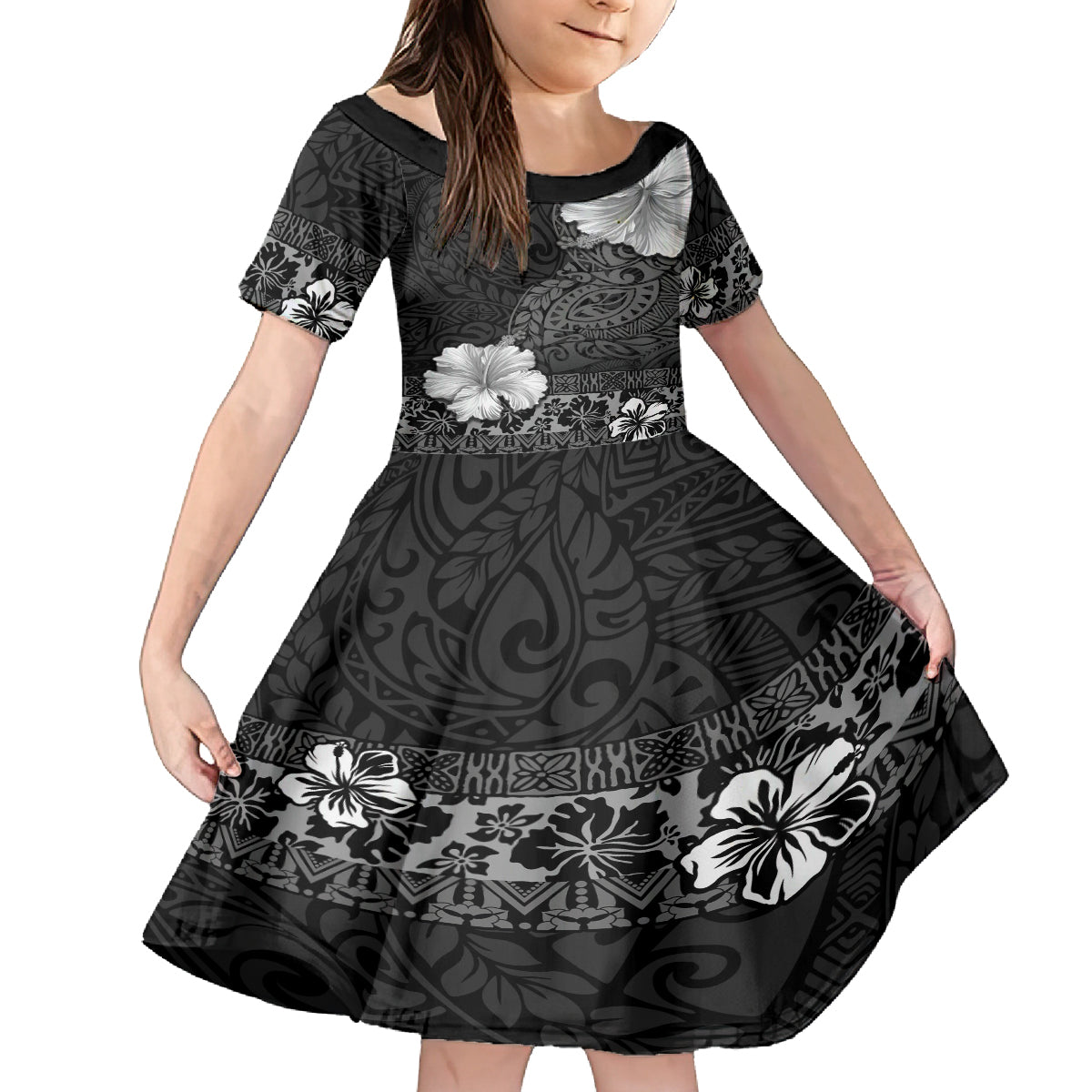Hawaii Hibiscus With Black Polynesian Pattern Family Matching Off The Shoulder Long Sleeve Dress and Hawaiian Shirt LT05 Daughter's Dress Black - Polynesian Pride