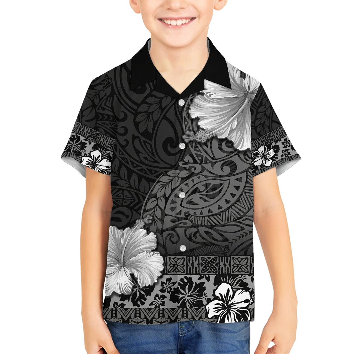 Hawaii Hibiscus With Black Polynesian Pattern Family Matching Off The Shoulder Long Sleeve Dress and Hawaiian Shirt LT05 Son's Shirt Black - Polynesian Pride