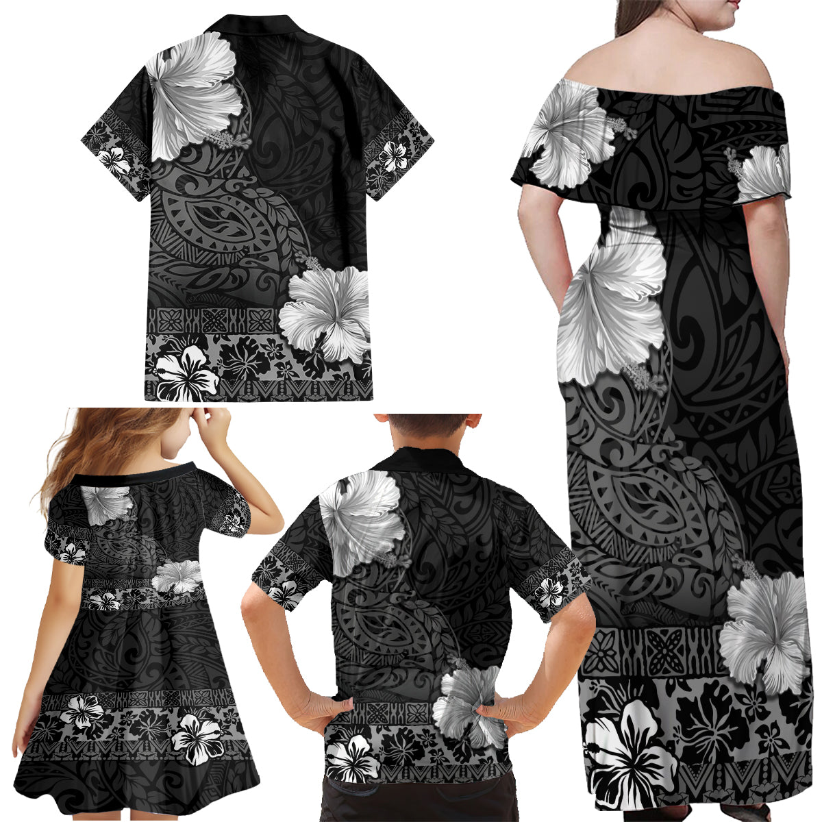 Hawaii Hibiscus With Black Polynesian Pattern Family Matching Off Shoulder Maxi Dress and Hawaiian Shirt LT05 - Polynesian Pride