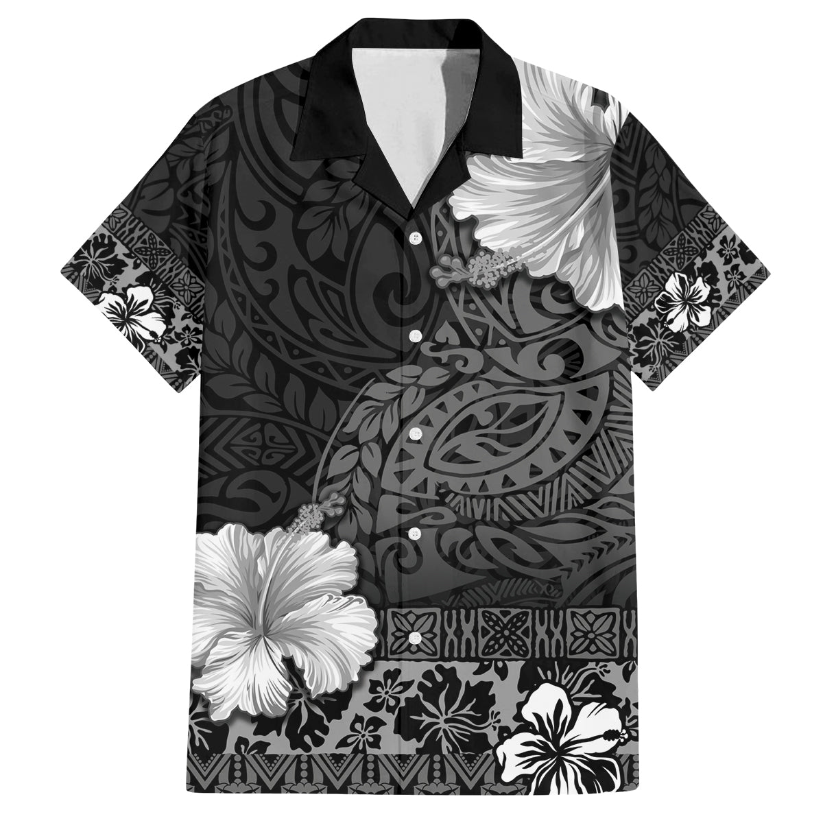 Hawaii Hibiscus With Black Polynesian Pattern Family Matching Off Shoulder Maxi Dress and Hawaiian Shirt LT05 Dad's Shirt - Short Sleeve Black - Polynesian Pride