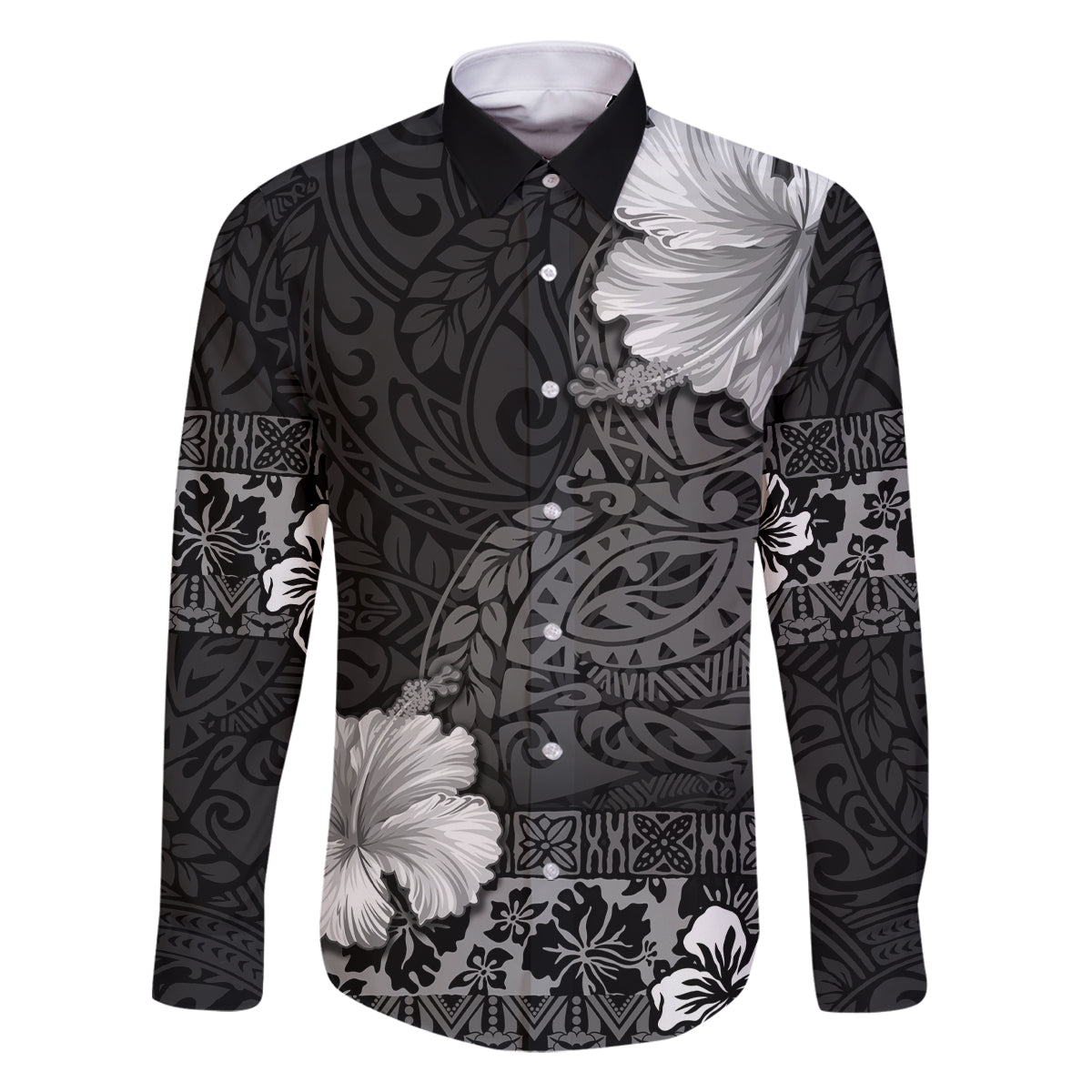 Hawaii Hibiscus With Black Polynesian Pattern Family Matching Off Shoulder Maxi Dress and Hawaiian Shirt LT05 Dad's Shirt - Long Sleeve Black - Polynesian Pride