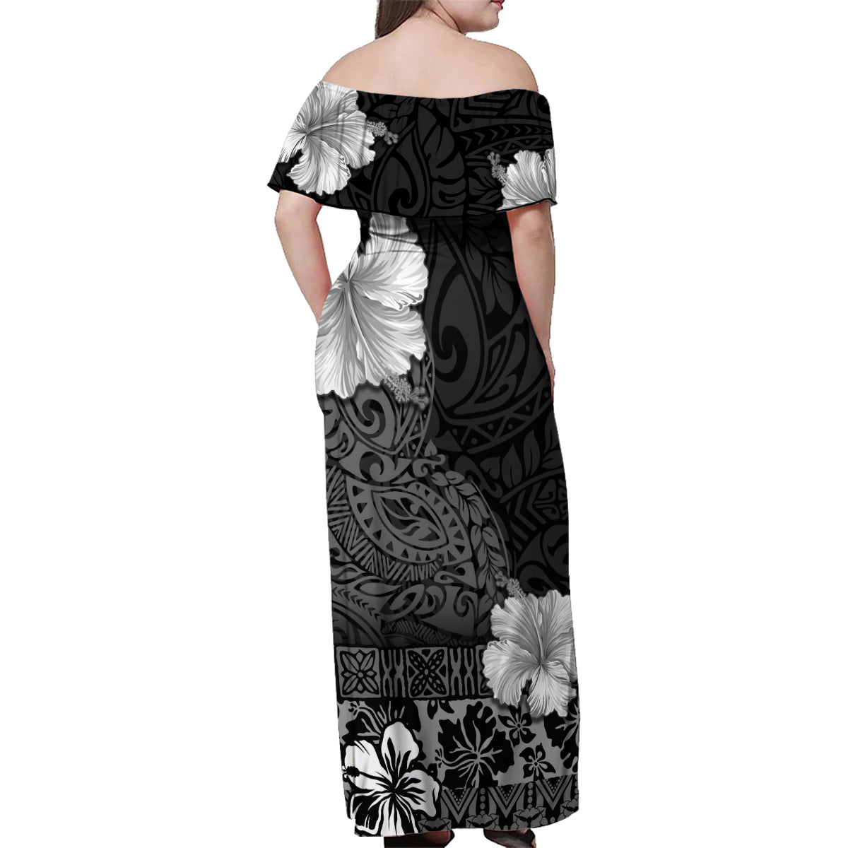 Hawaii Hibiscus With Black Polynesian Pattern Family Matching Off Shoulder Maxi Dress and Hawaiian Shirt LT05 - Polynesian Pride
