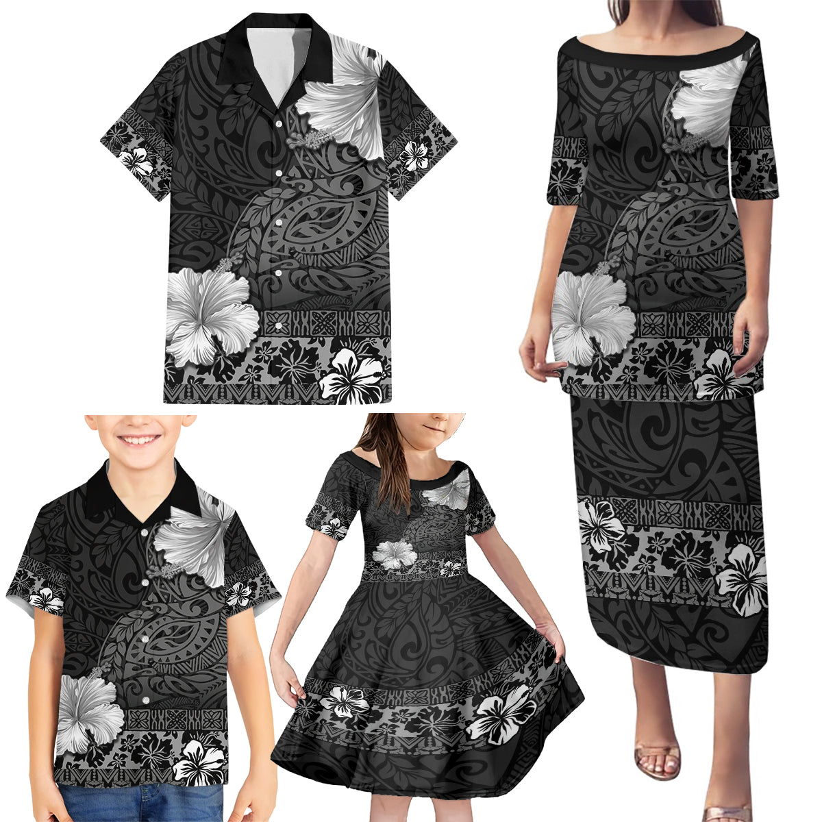 Hawaii Hibiscus With Black Polynesian Pattern Family Matching Puletasi and Hawaiian Shirt