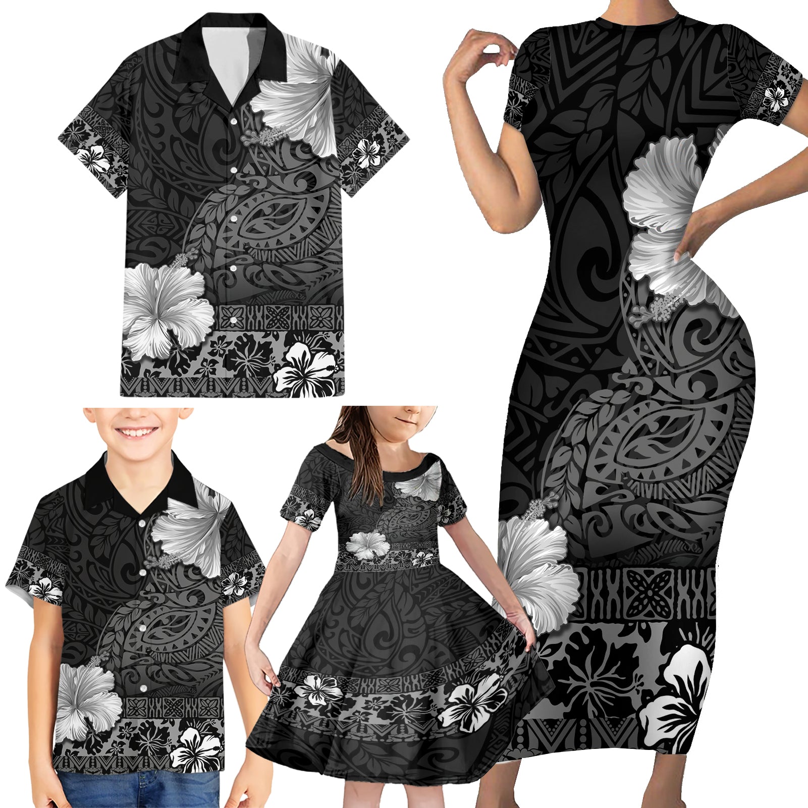 Hawaii Hibiscus With Black Polynesian Pattern Family Matching Short Sleeve Bodycon Dress and Hawaiian Shirt