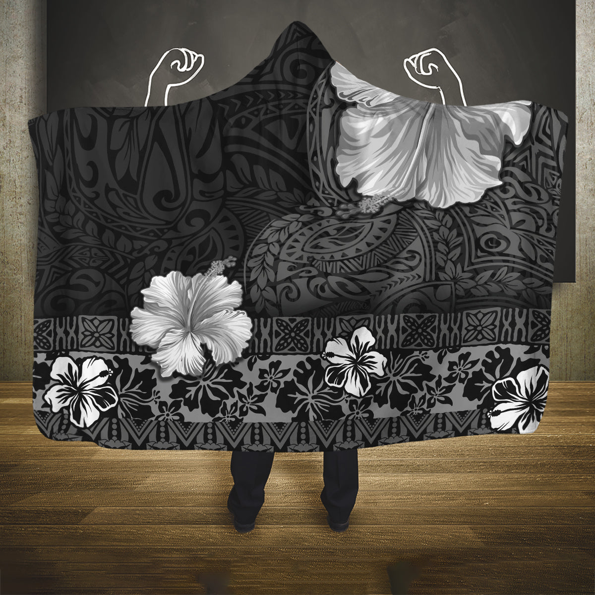 Hawaii Hibiscus With Black Polynesian Pattern Hooded Blanket