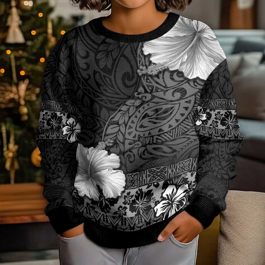 Hawaii Hibiscus With Black Polynesian Pattern Kid Ugly Christmas Sweater