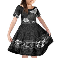 Hawaii Hibiscus With Black Polynesian Pattern Kid Short Sleeve Dress