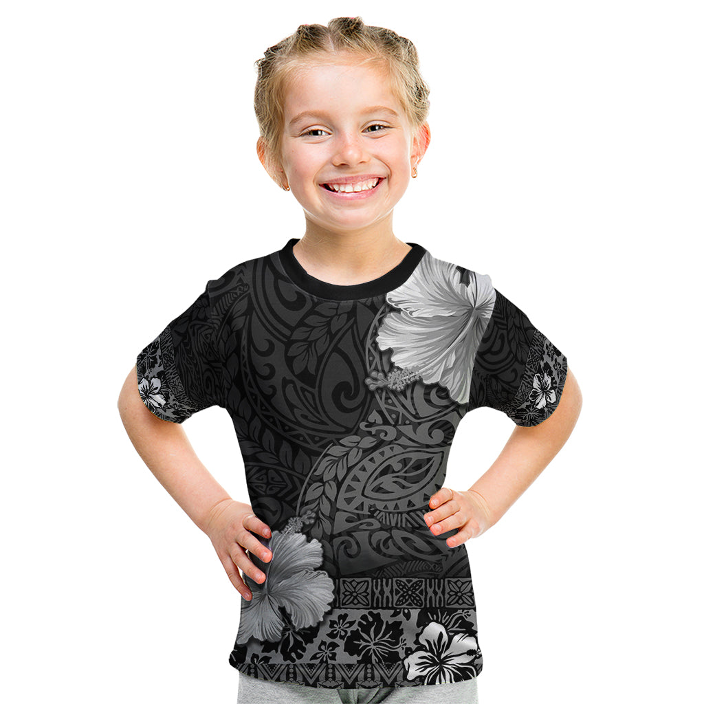 Hawaii Hibiscus With Black Polynesian Pattern Kid T Shirt LT05 Black - Polynesian Pride