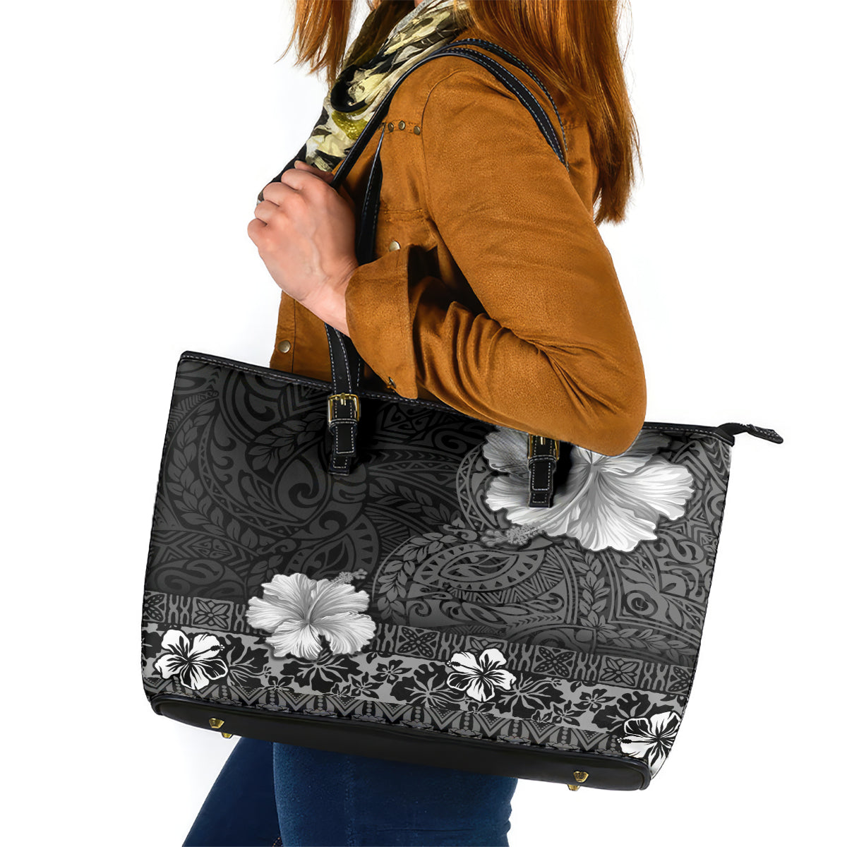 Hawaii Hibiscus With Black Polynesian Pattern Leather Tote Bag LT05 Black - Polynesian Pride