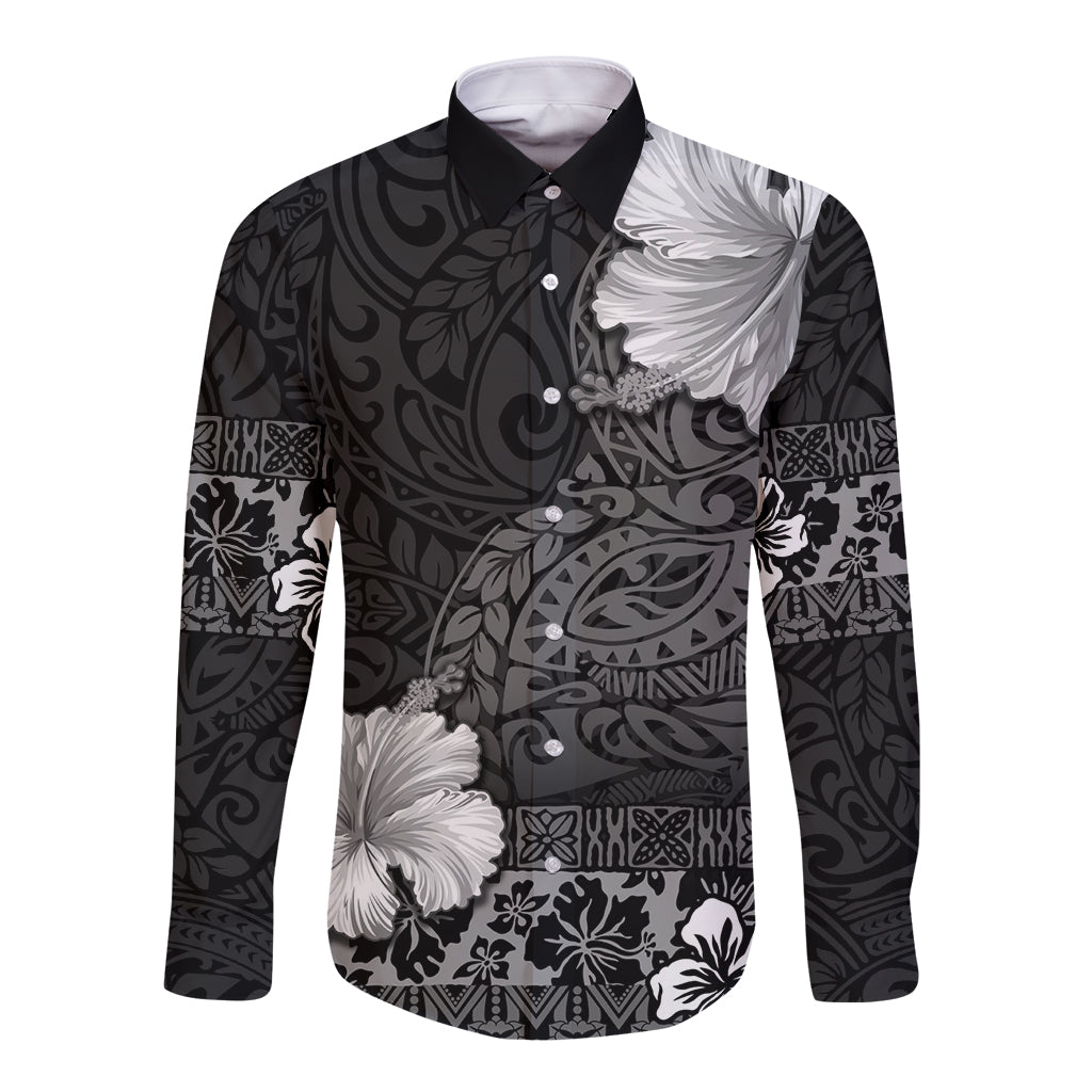 Hawaii Hibiscus With Black Polynesian Pattern Long Sleeve Button Shirt