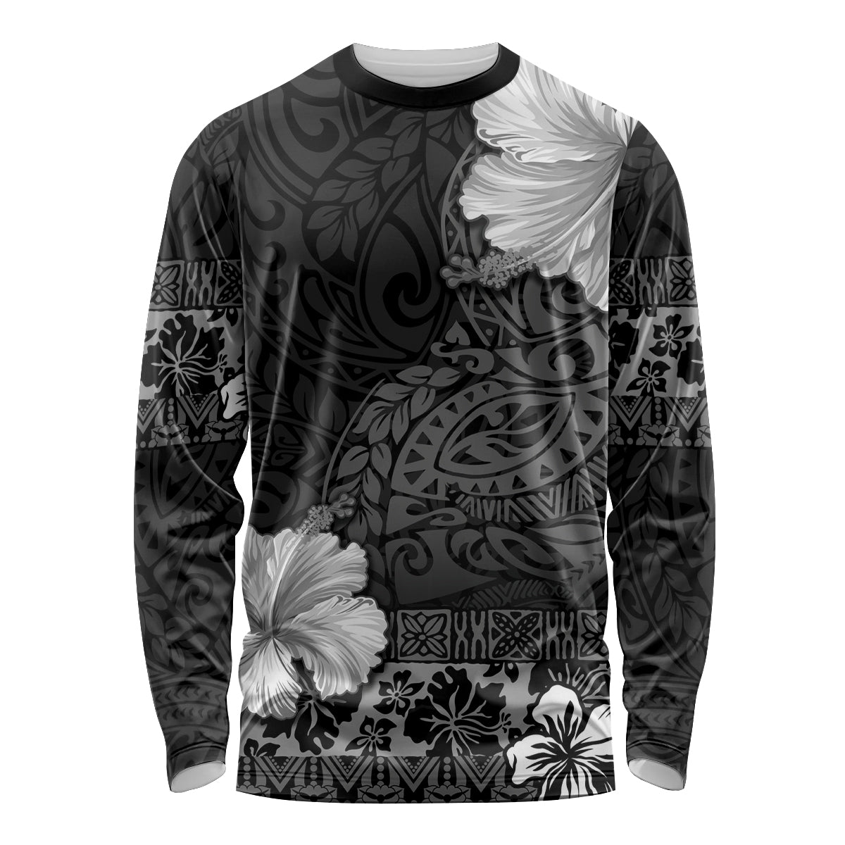 Hawaii Hibiscus With Black Polynesian Pattern Long Sleeve Shirt LT05 Unisex Black - Polynesian Pride
