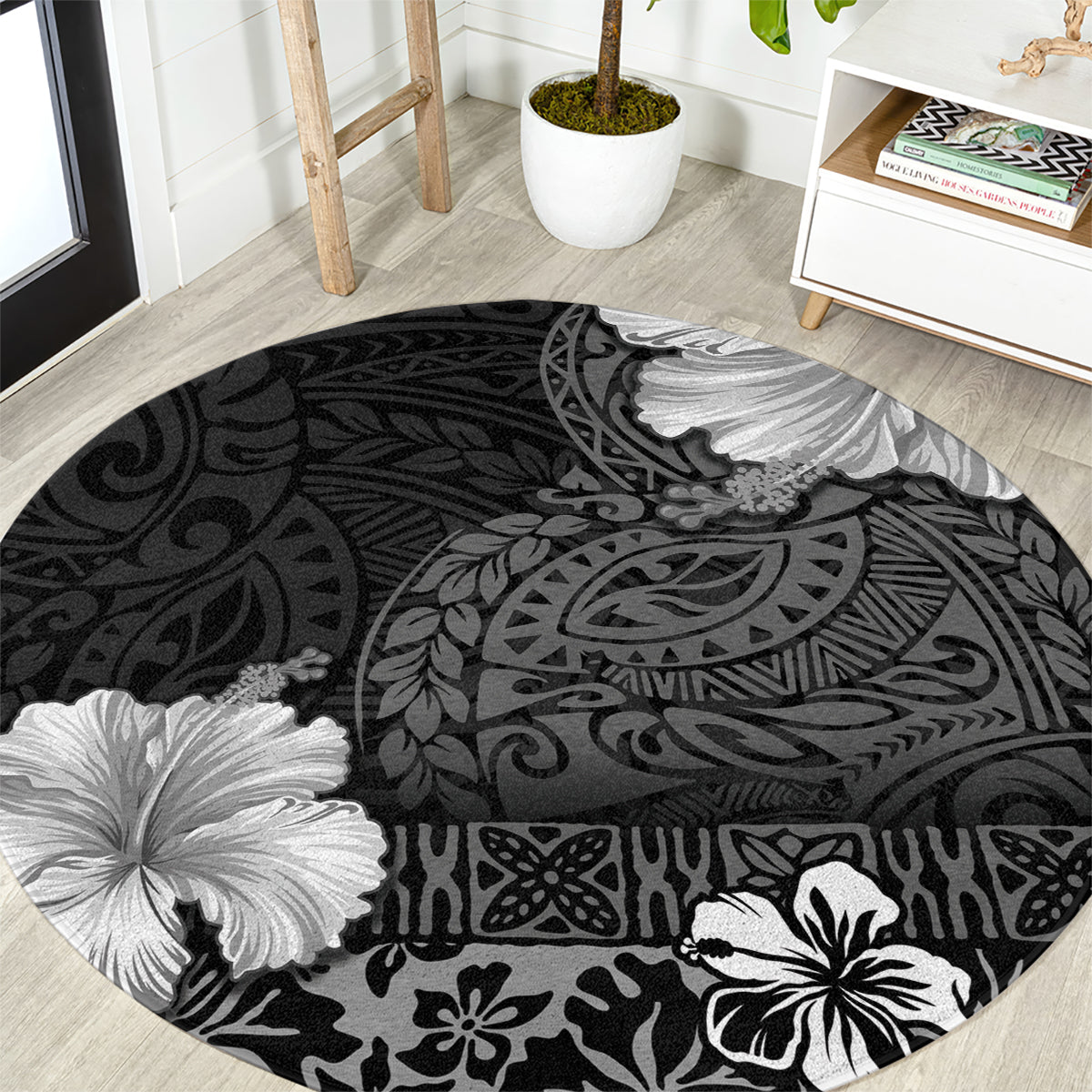 Hawaii Hibiscus With Black Polynesian Pattern Round Carpet LT05 Black - Polynesian Pride