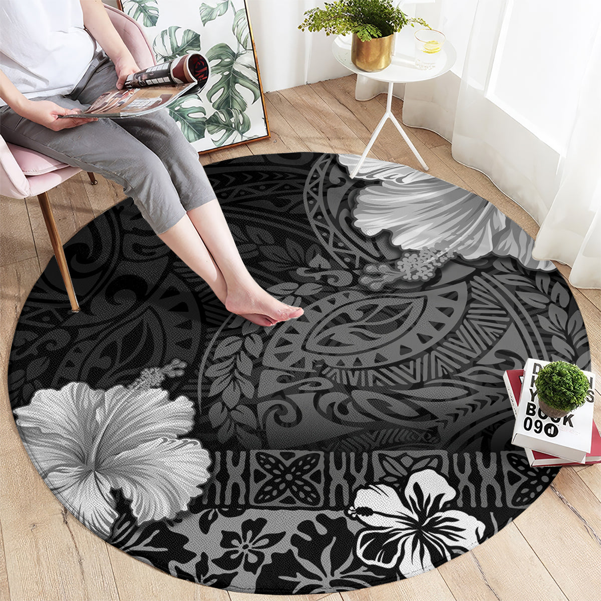 Hawaii Hibiscus With Black Polynesian Pattern Round Carpet LT05 - Polynesian Pride