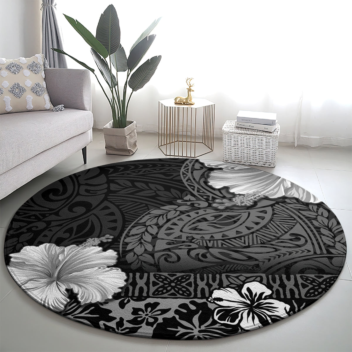 Hawaii Hibiscus With Black Polynesian Pattern Round Carpet LT05 - Polynesian Pride