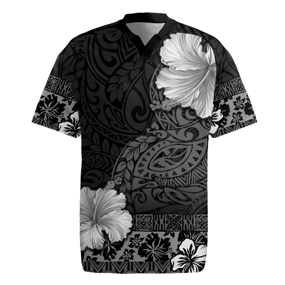 Hawaii Hibiscus With Black Polynesian Pattern Rugby Jersey