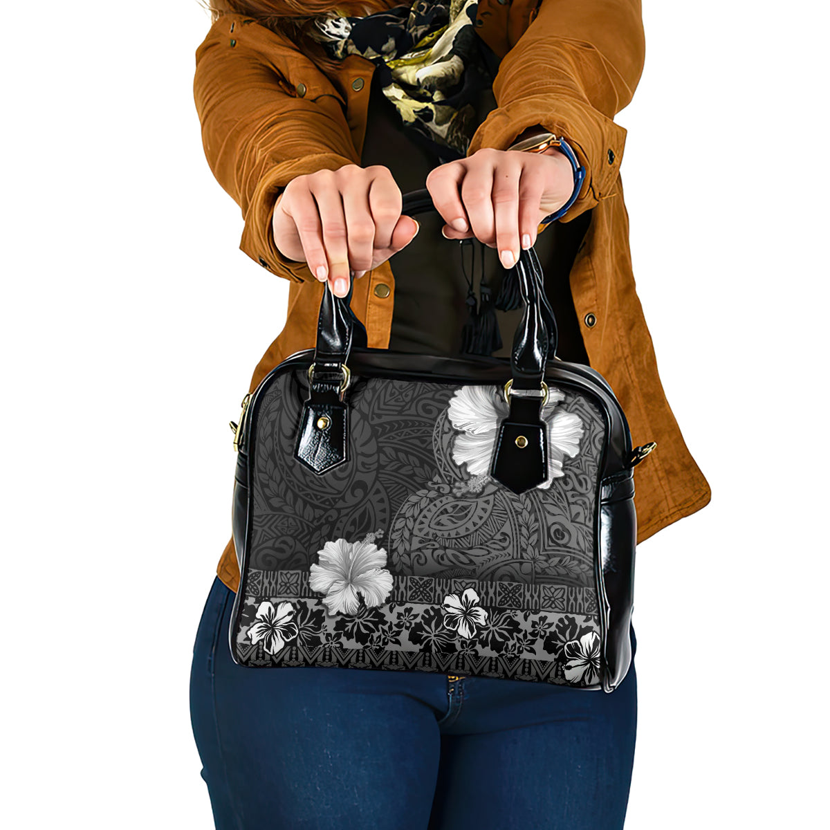 Hawaii Hibiscus With Black Polynesian Pattern Shoulder Handbag LT05 One Size Black - Polynesian Pride