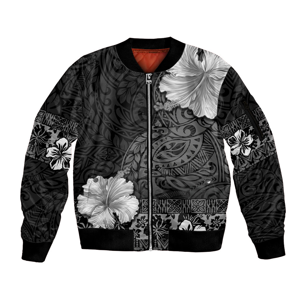 Hawaii Hibiscus With Black Polynesian Pattern Sleeve Zip Bomber Jacket