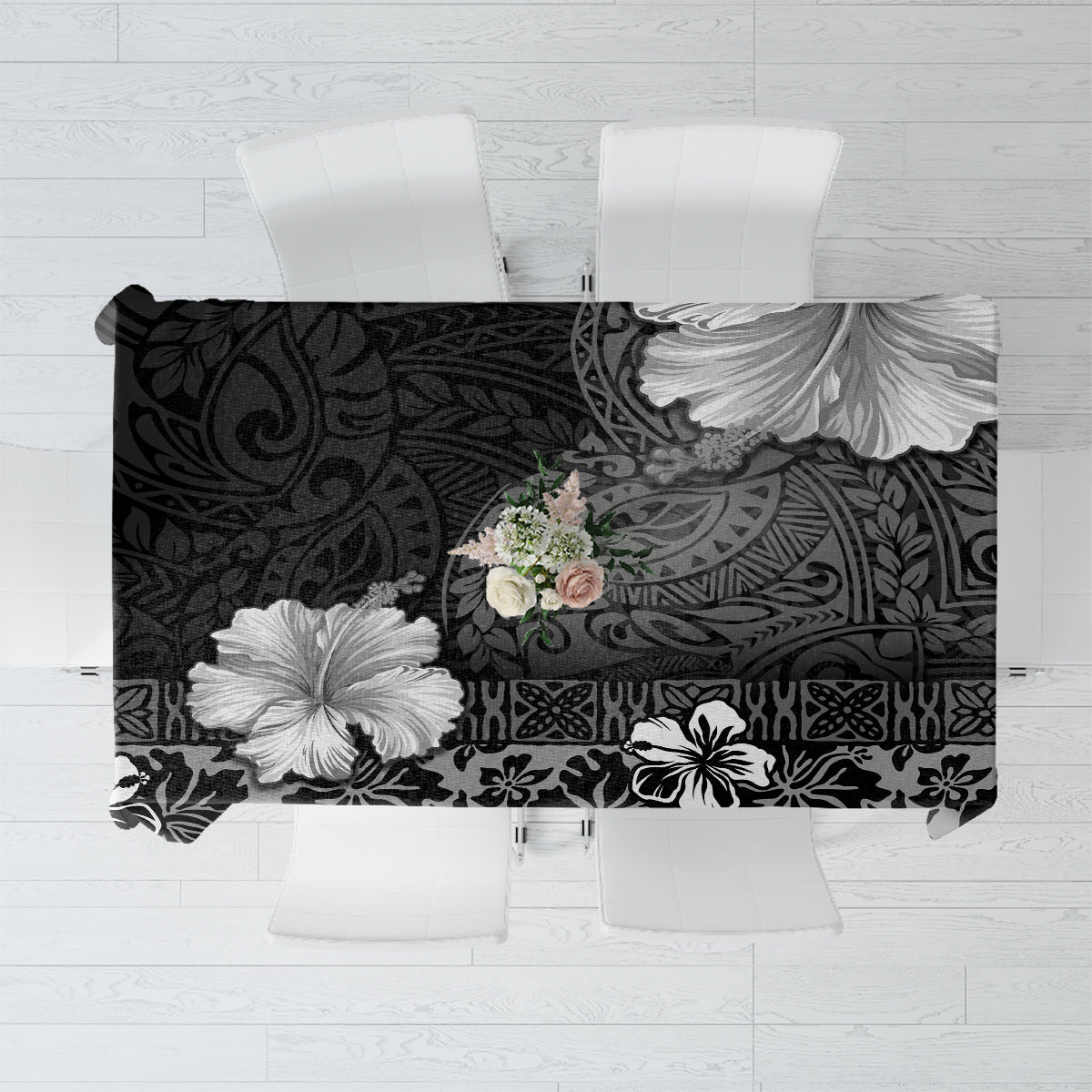 Hawaii Hibiscus With Black Polynesian Pattern Tablecloth