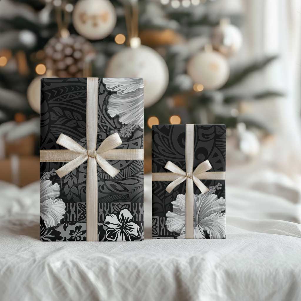 Hawaii Hibiscus With Black Polynesian Pattern Wrapping Paper - Polynesian Pride