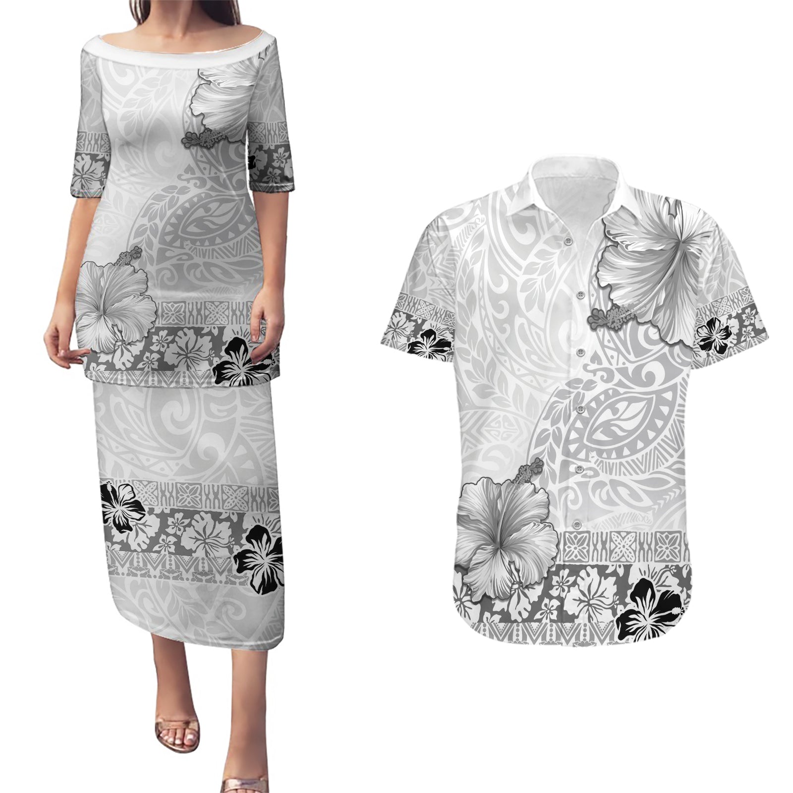 Hawaii Hibiscus With White Polynesian Pattern Couples Matching Puletasi and Hawaiian Shirt LT05 White - Polynesian Pride
