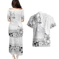Hawaii Hibiscus With White Polynesian Pattern Couples Matching Puletasi and Hawaiian Shirt LT05 - Polynesian Pride