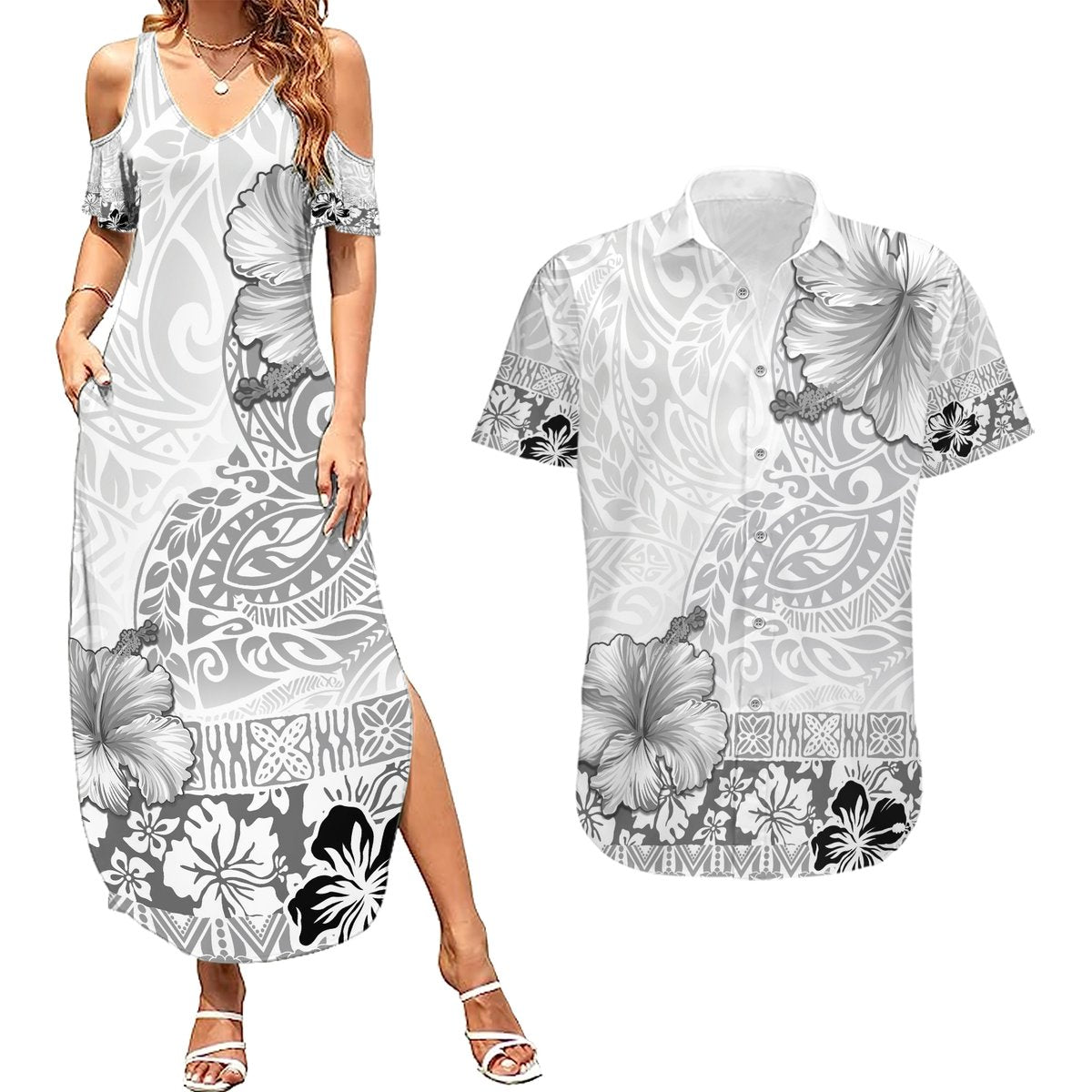 Hawaii Hibiscus With White Polynesian Pattern Couples Matching Summer Maxi Dress and Hawaiian Shirt