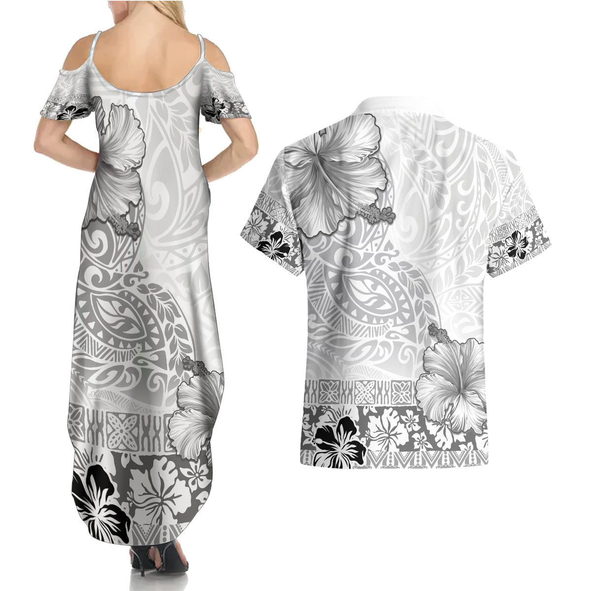Hawaii Hibiscus With White Polynesian Pattern Couples Matching Summer Maxi Dress and Hawaiian Shirt