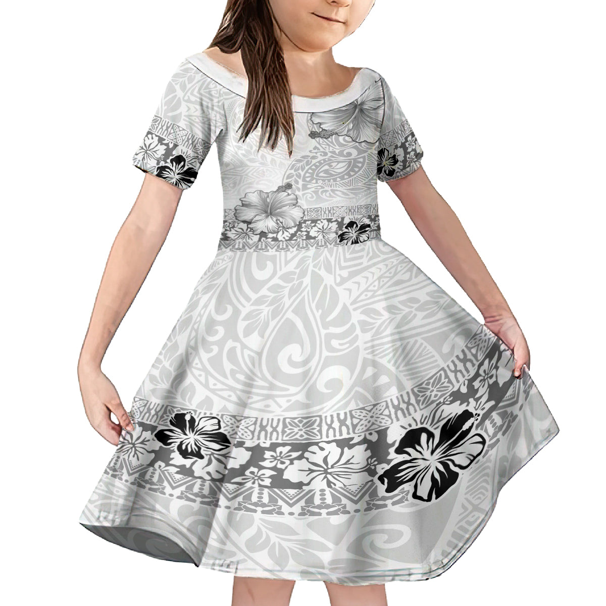 Hawaii Hibiscus With White Polynesian Pattern Family Matching Off The Shoulder Long Sleeve Dress and Hawaiian Shirt LT05 Daughter's Dress White - Polynesian Pride
