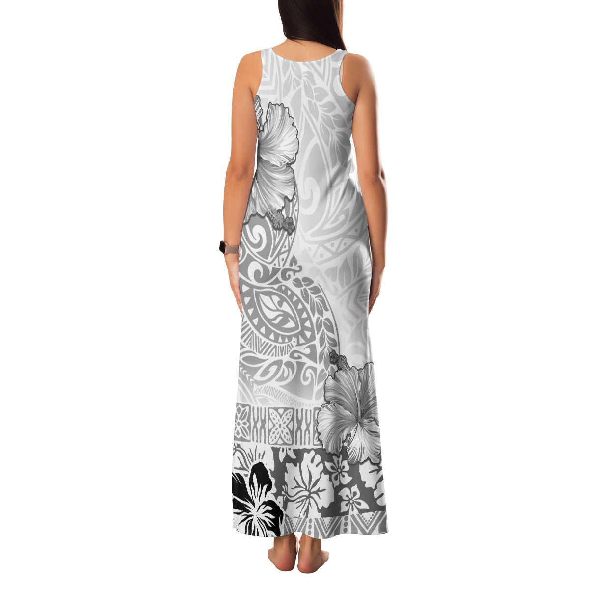 Hawaii Hibiscus With White Polynesian Pattern Family Matching Tank Maxi Dress and Hawaiian Shirt
