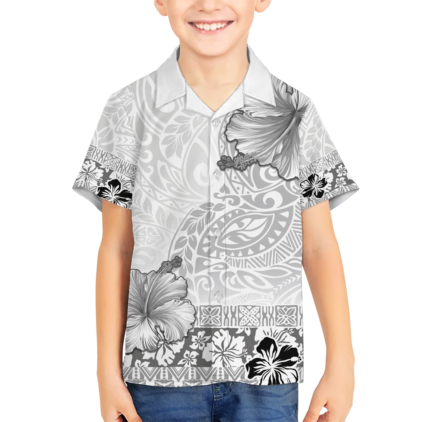 Hawaii Hibiscus With White Polynesian Pattern Kid Hawaiian Shirt LT05 Kid White - Polynesian Pride