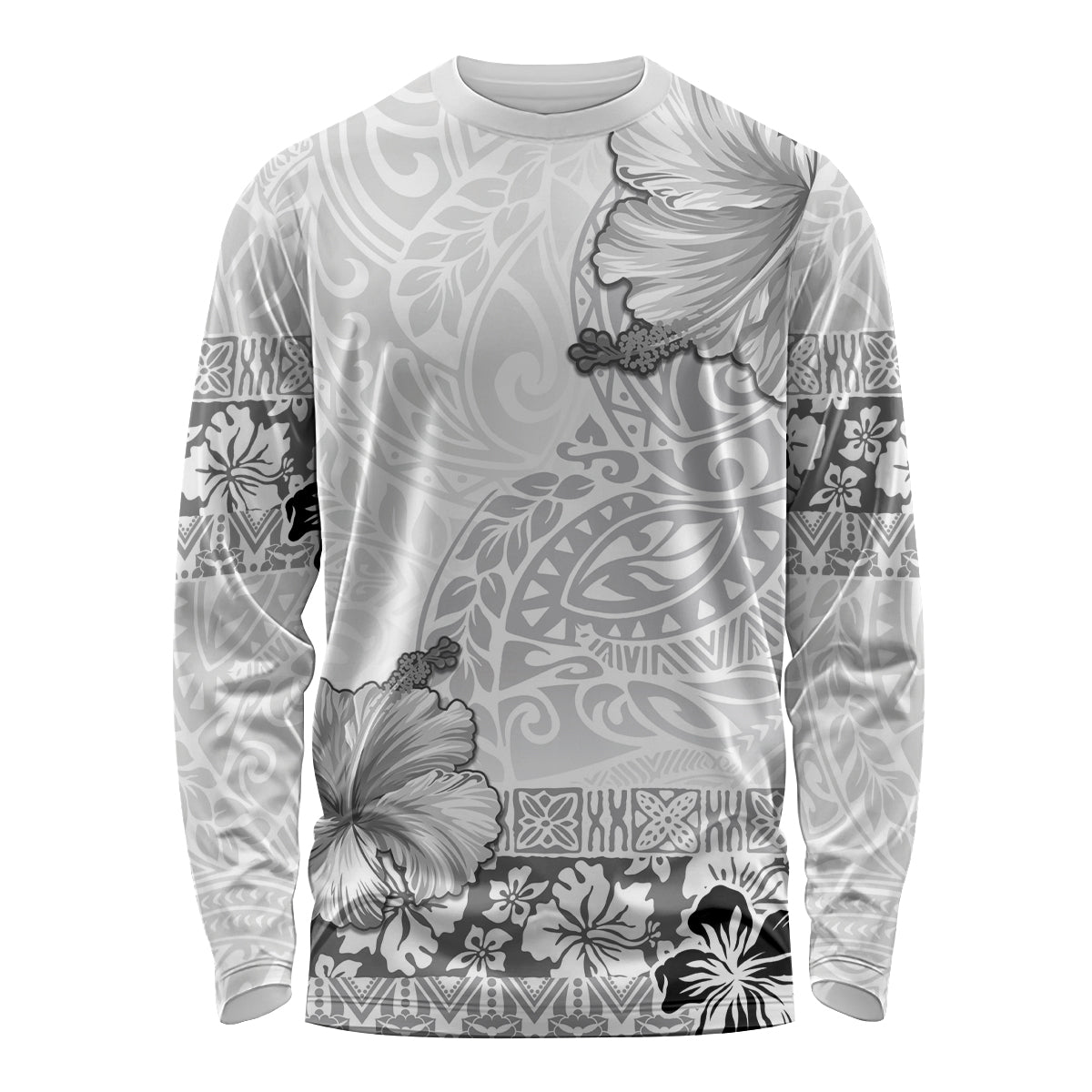 Hawaii Hibiscus With White Polynesian Pattern Long Sleeve Shirt LT05 Unisex White - Polynesian Pride
