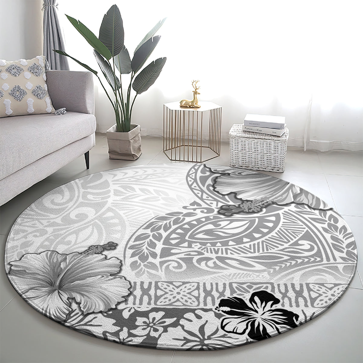 Hawaii Hibiscus With White Polynesian Pattern Round Carpet LT05 - Polynesian Pride
